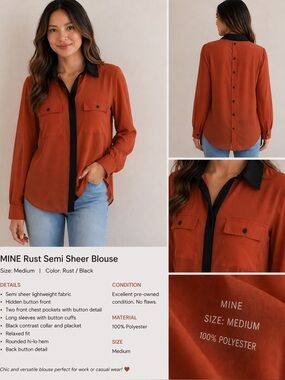Mine Rust Semi Sheer Blouse Size Medium Black Contrast